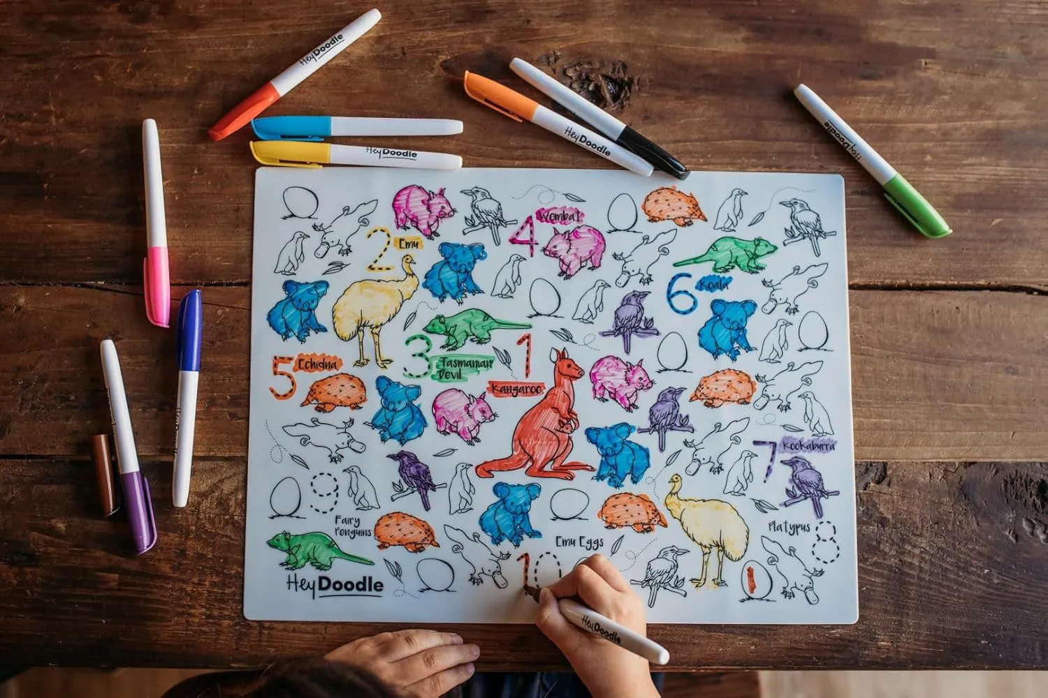 Hey Doodle Aussie Animals Classic Doodle Mat – Reusable Silicone Coloring Mat for Toddlers and Kids – Educational Wildlife Activity Pad with 9 Markers – Mess-Free Travel Toy – Ages 3-7