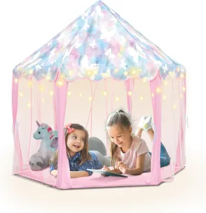Heyu! Fairyland Fort Playhouse Play Tent with Star Lights Indoor and Outdoor Toys, Kids Butterfly Princess Castle for Children Gifts