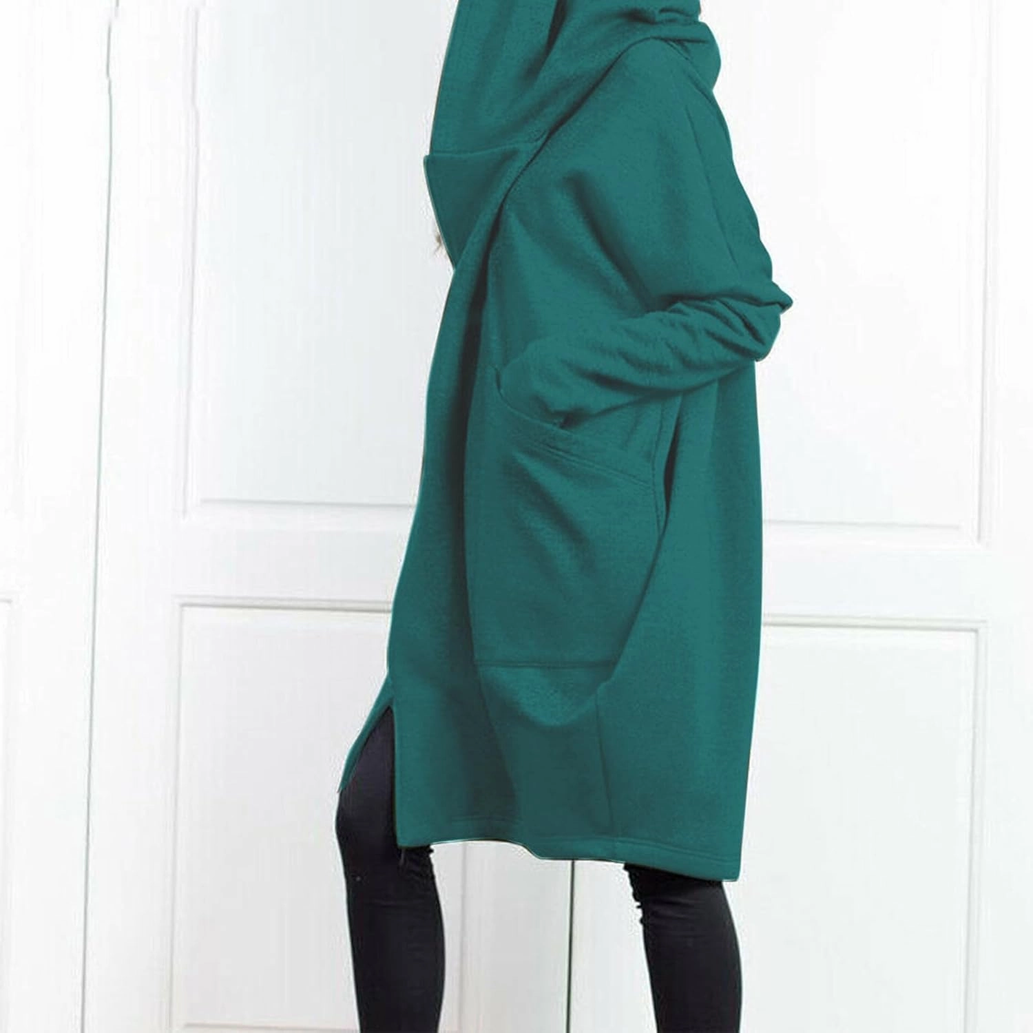 HGps8w Women's Double-Layered Zip Up Hoodies Casual Solid Baggy Tunic Sweatshirt Long Hooded Jacket Loose Outerwear