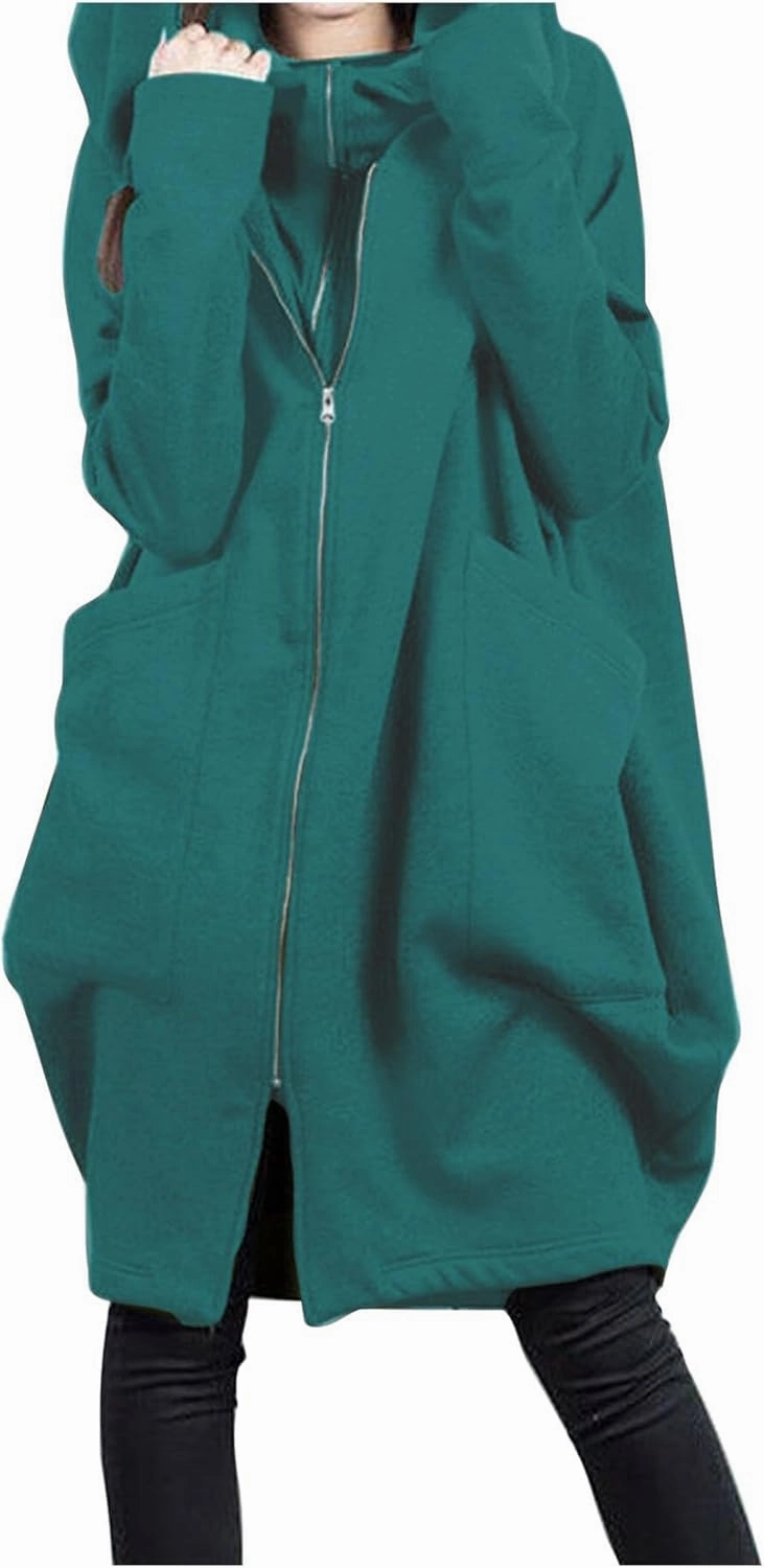 HGps8w Women's Double-Layered Zip Up Hoodies Casual Solid Baggy Tunic Sweatshirt Long Hooded Jacket Loose Outerwear
