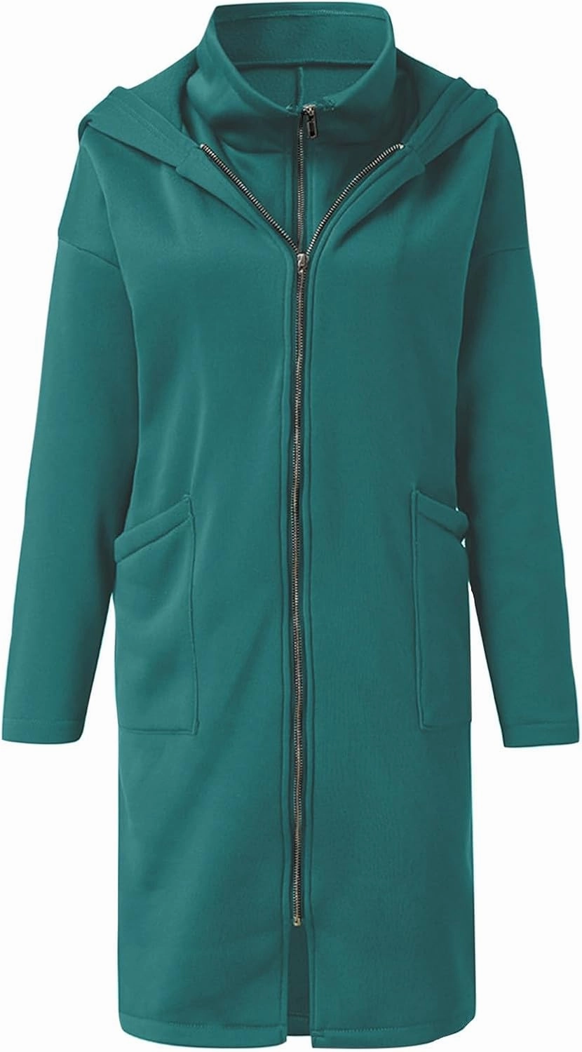 HGps8w Women's Double-Layered Zip Up Hoodies Casual Solid Baggy Tunic Sweatshirt Long Hooded Jacket Loose Outerwear