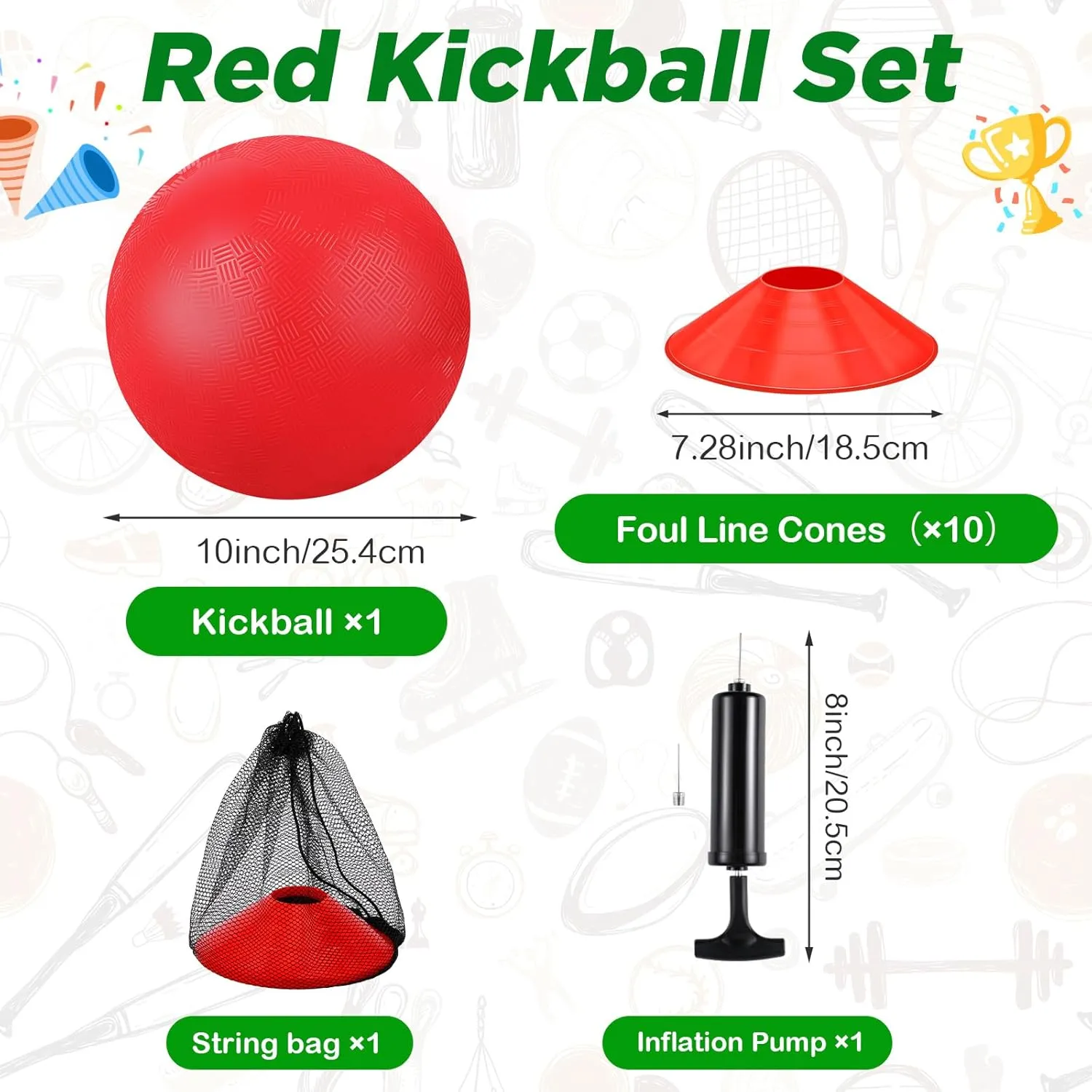Hiboom 16 Pcs Sports Kickball Set Includes 10 Inches Playground Ball 5 Rubber Throw Down Bases Ball Pump 10 Foul Line Cones for Kids Adults Playground School Backyard Game Camps Picnic