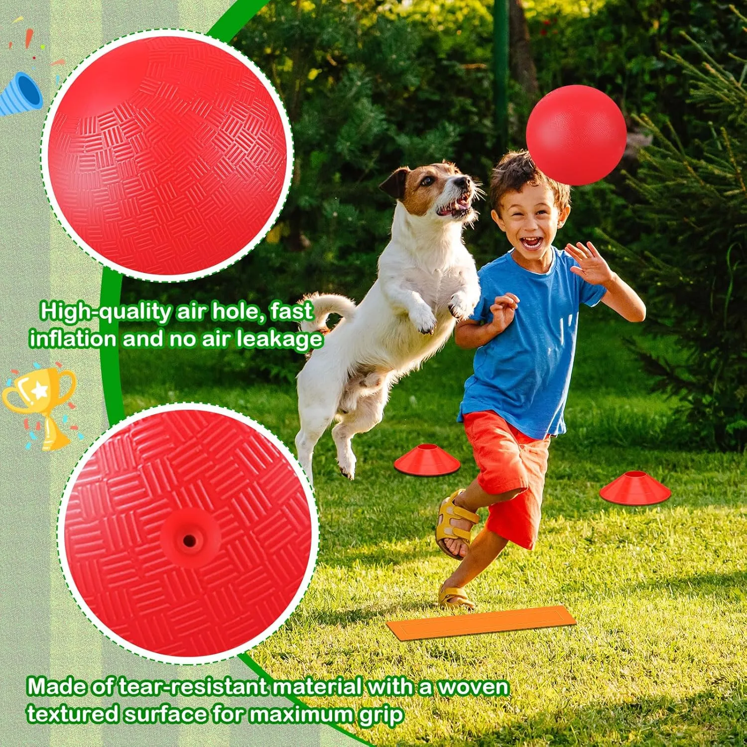 Hiboom 16 Pcs Sports Kickball Set Includes 10 Inches Playground Ball 5 Rubber Throw Down Bases Ball Pump 10 Foul Line Cones for Kids Adults Playground School Backyard Game Camps Picnic
