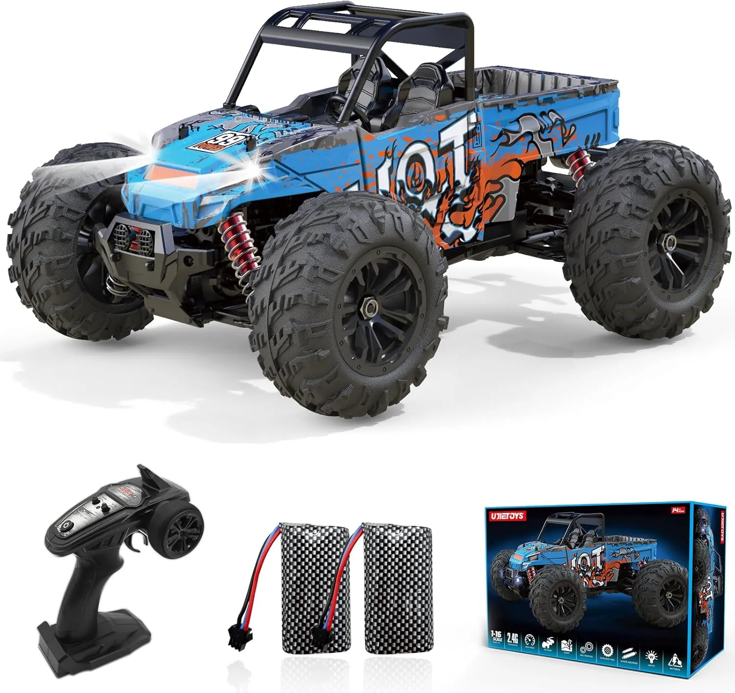 High Speed RC Cars 40KPH for Adults, 1:16 Scale Remote Control Car, 4WD All Terrain Off-Road Monster RC Truck with Bright Headlight 2 Rechargeable Batteries for Kids and Adults