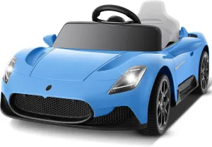 Hikole 12V Kids Ride on Car, Battery Powered Electric Car for Boy Girl, with 2.4G Remote Control, Suspension, Safety Belt, Bright Headlights, Music, Blue