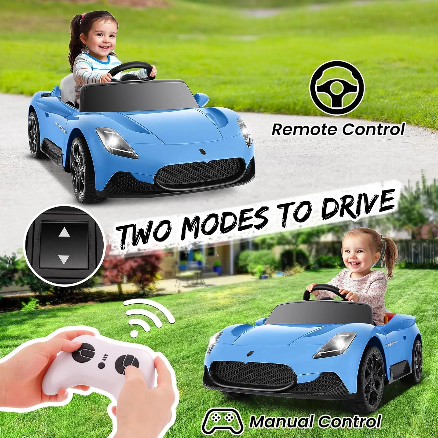 Hikole 12V Kids Ride on Car, Battery Powered Electric Car for Boy Girl, with 2.4G Remote Control, Suspension, Safety Belt, Bright Headlights, Music, Blue