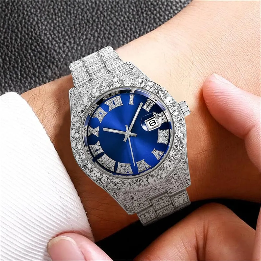 Hip Hop Watches for Men Iced-Out Bling Diamond Luxury Quartz Watches with Date