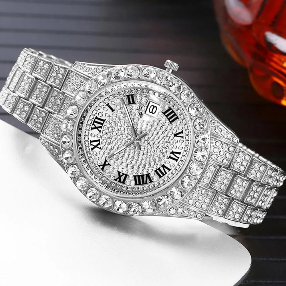 Hip Hop Watches for Men Iced-Out Bling Diamond Luxury Quartz Watches with Date