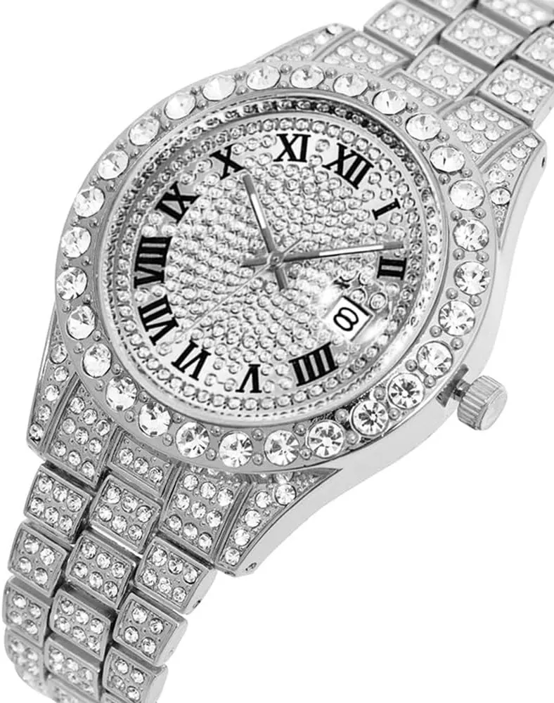 Hip Hop Watches for Men Iced-Out Bling Diamond Luxury Quartz Watches with Date