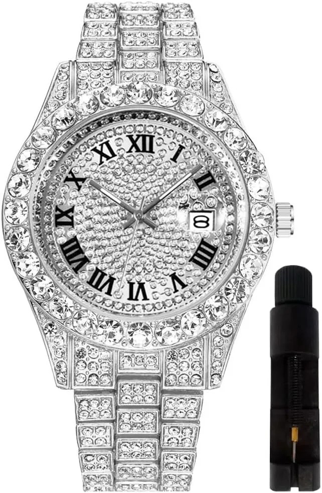 Hip Hop Watches for Men Iced-Out Bling Diamond Luxury Quartz Watches with Date