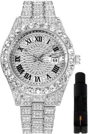 Hip Hop Watches for Men Iced-Out Bling Diamond Luxury Quartz Watches with Date