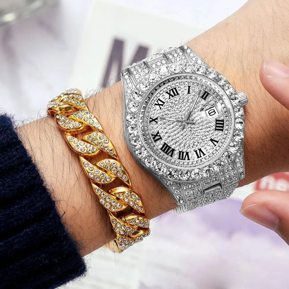 Hip Hop Watches for Men Iced-Out Bling Diamond Luxury Quartz Watches with Date