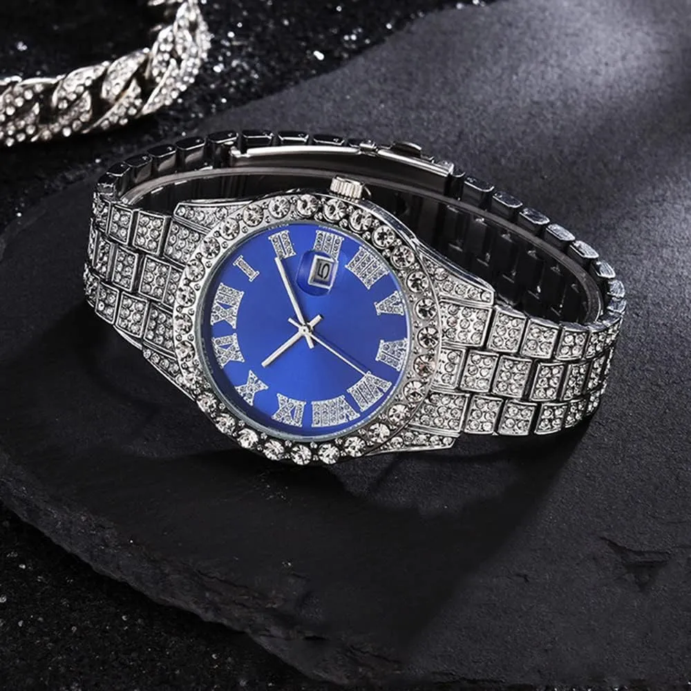 Hip Hop Watches for Men Iced-Out Bling Diamond Luxury Quartz Watches with Date