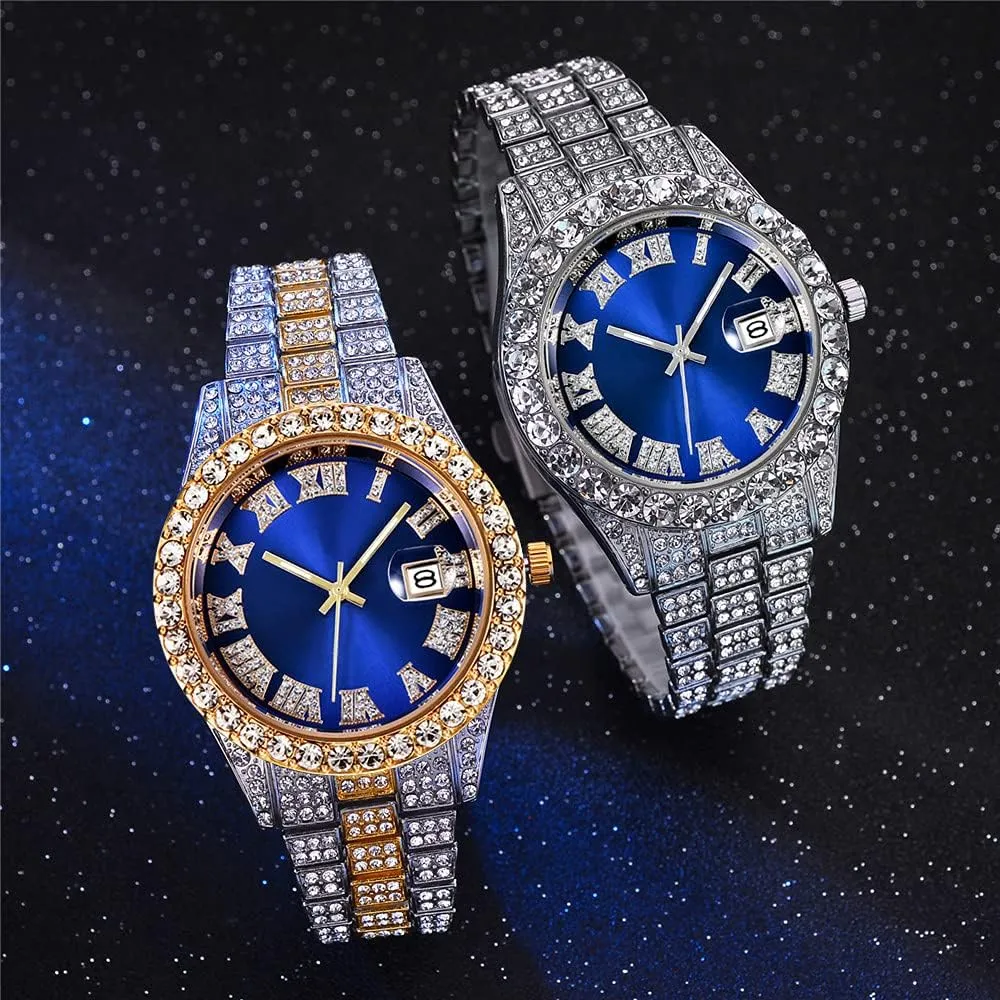 Hip Hop Watches for Men Iced-Out Bling Diamond Luxury Quartz Watches with Date