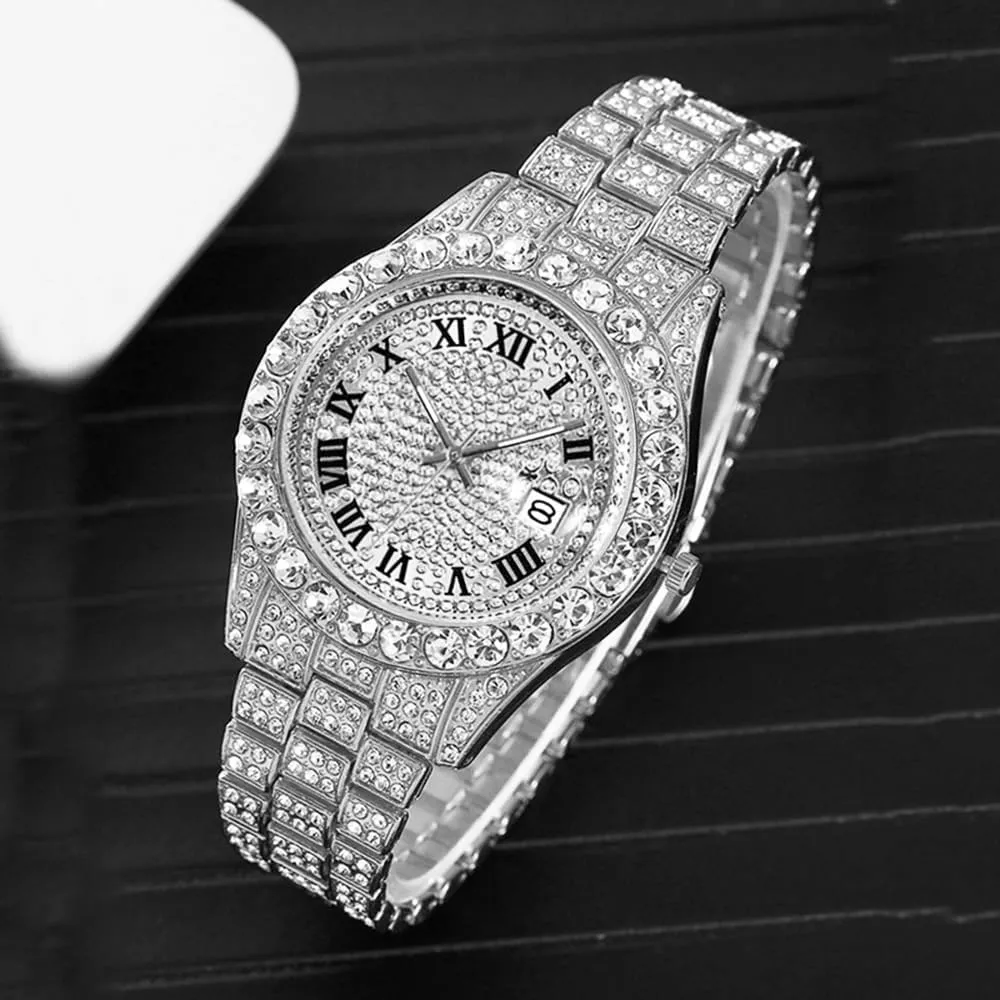 Hip Hop Watches for Men Iced-Out Bling Diamond Luxury Quartz Watches with Date