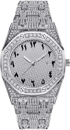 Hip Hop Watches for Men Octagon Iced-Out Bling Diamond Luxury Quartz Watches with Date