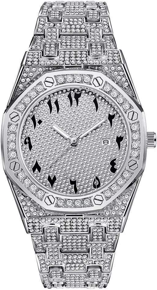 Hip Hop Watches for Men Octagon Iced-Out Bling Diamond Luxury Quartz Watches with Date
