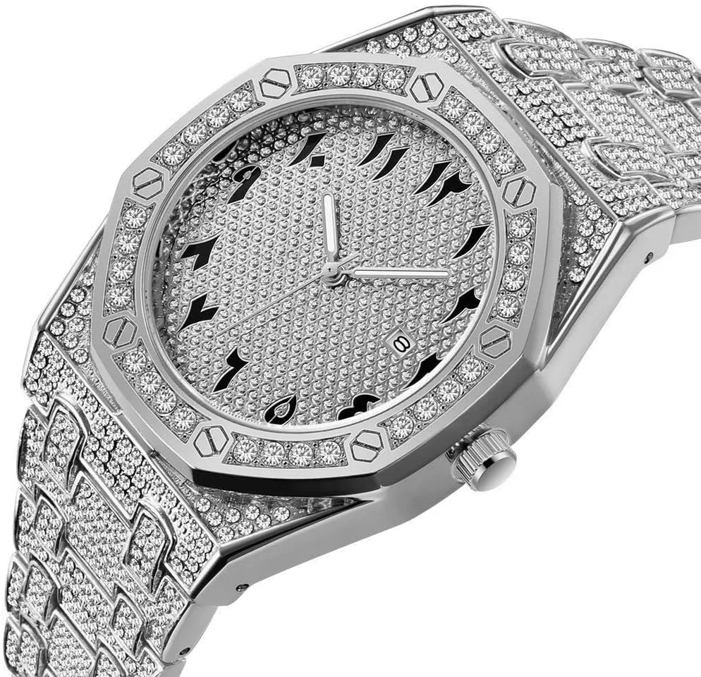 Hip Hop Watches for Men Octagon Iced-Out Bling Diamond Luxury Quartz Watches with Date