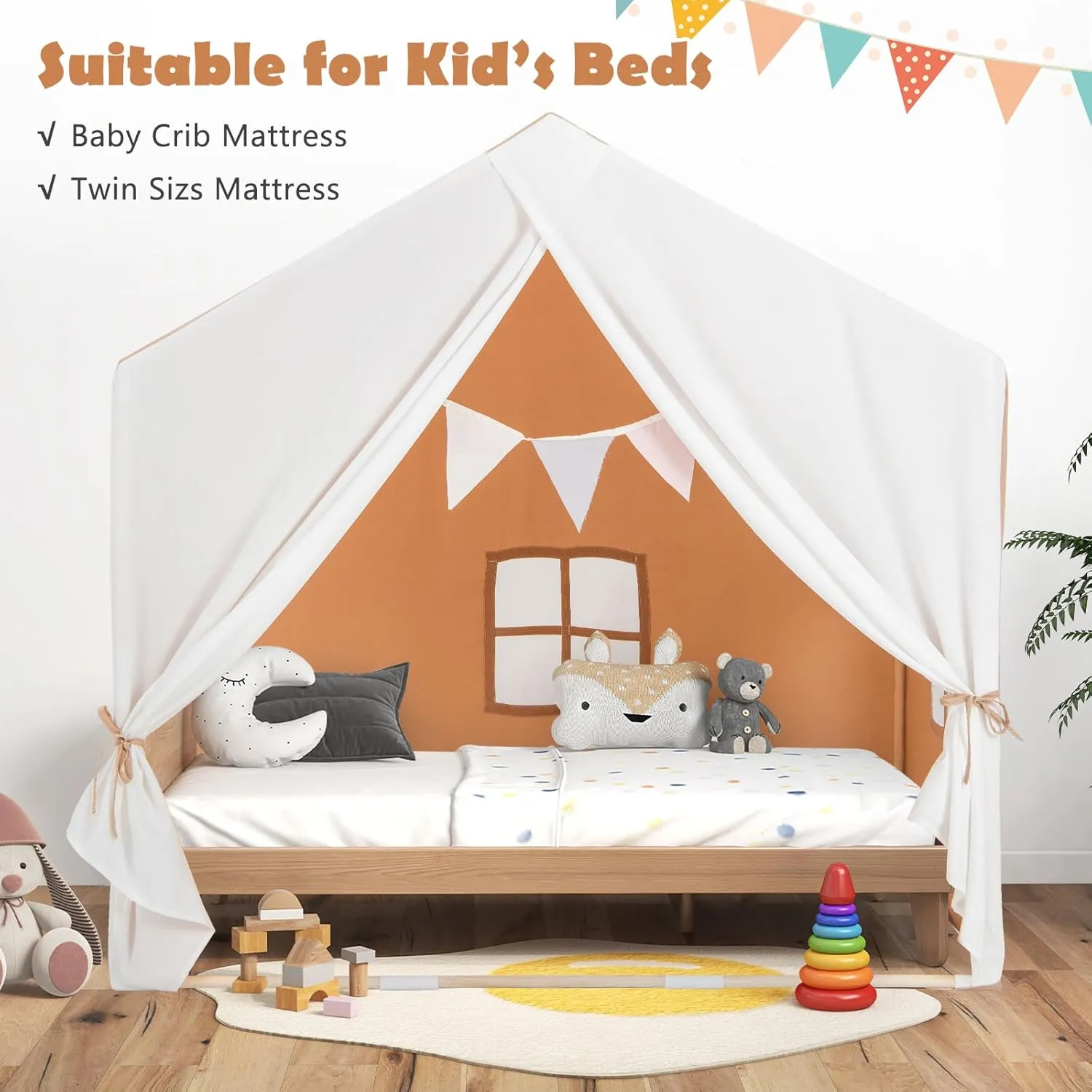 HONEY JOY Kids Play Tent, Toddler Tent Indoor Playhouses with Mat, Windows, Curtain, Solid Wood Frame, 52" x36" x 52", Large Children Princess Castle Play Tent for Boys Girls (Brown)
