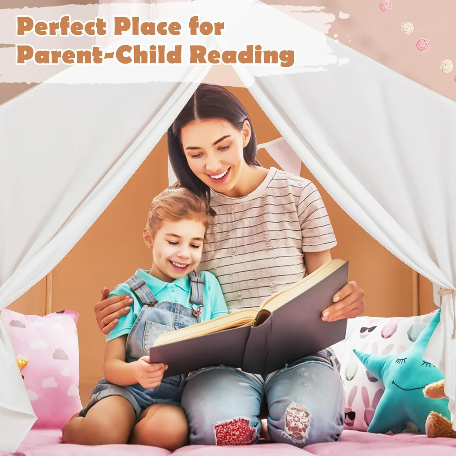 HONEY JOY Kids Play Tent, Toddler Tent Indoor Playhouses with Mat, Windows, Curtain, Solid Wood Frame, 52" x36" x 52", Large Children Princess Castle Play Tent for Boys Girls (Brown)