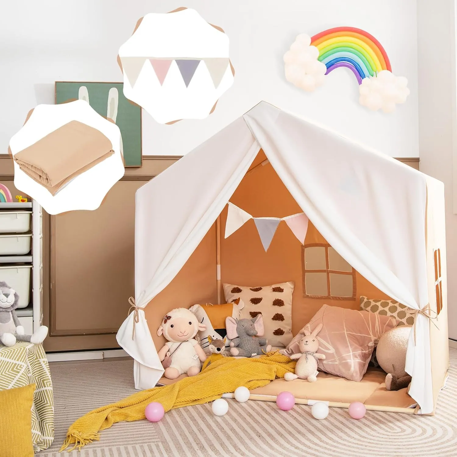 HONEY JOY Kids Play Tent, Toddler Tent Indoor Playhouses with Mat, Windows, Curtain, Solid Wood Frame, 52" x36" x 52", Large Children Princess Castle Play Tent for Boys Girls (Brown)