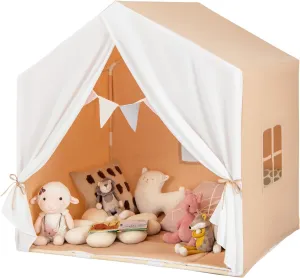 HONEY JOY Kids Play Tent, Toddler Tent Indoor Playhouses with Mat, Windows, Curtain, Solid Wood Frame, 52" x36" x 52", Large Children Princess Castle Play Tent for Boys Girls (Brown)