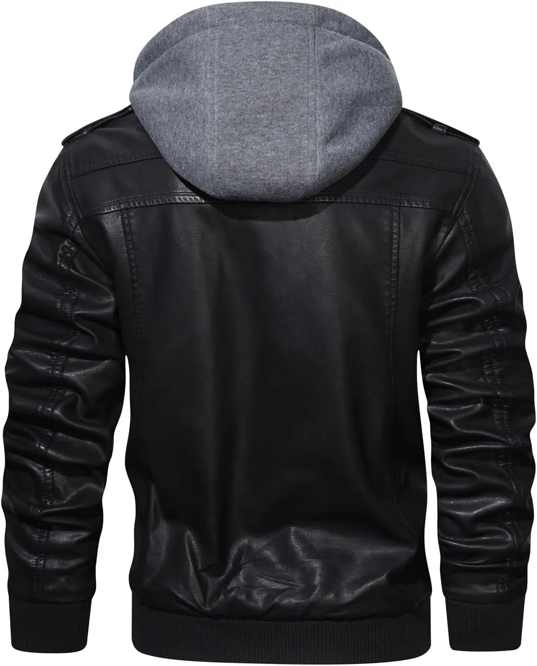 HOOD CREW Men’s Casual Stand Collar PU Faux Leather Zip-Up Motorcycle Bomber Jacket With a Removable Hood