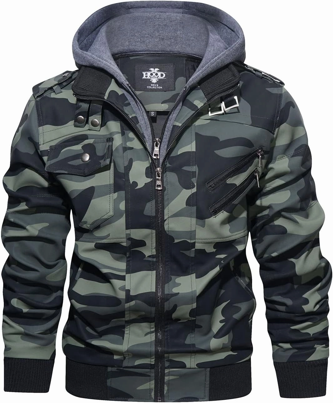 HOOD CREW Men’s Casual Stand Collar PU Faux Leather Zip-Up Motorcycle Bomber Jacket With a Removable Hood