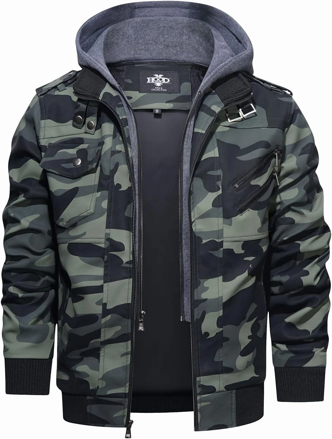 HOOD CREW Men’s Casual Stand Collar PU Faux Leather Zip-Up Motorcycle Bomber Jacket With a Removable Hood