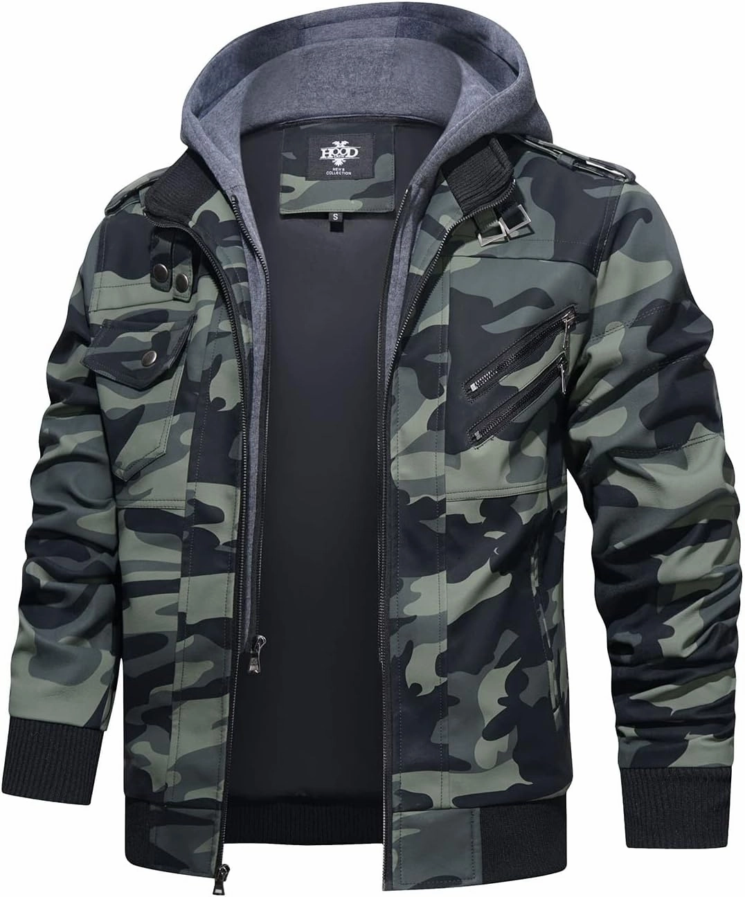 HOOD CREW Men’s Casual Stand Collar PU Faux Leather Zip-Up Motorcycle Bomber Jacket With a Removable Hood