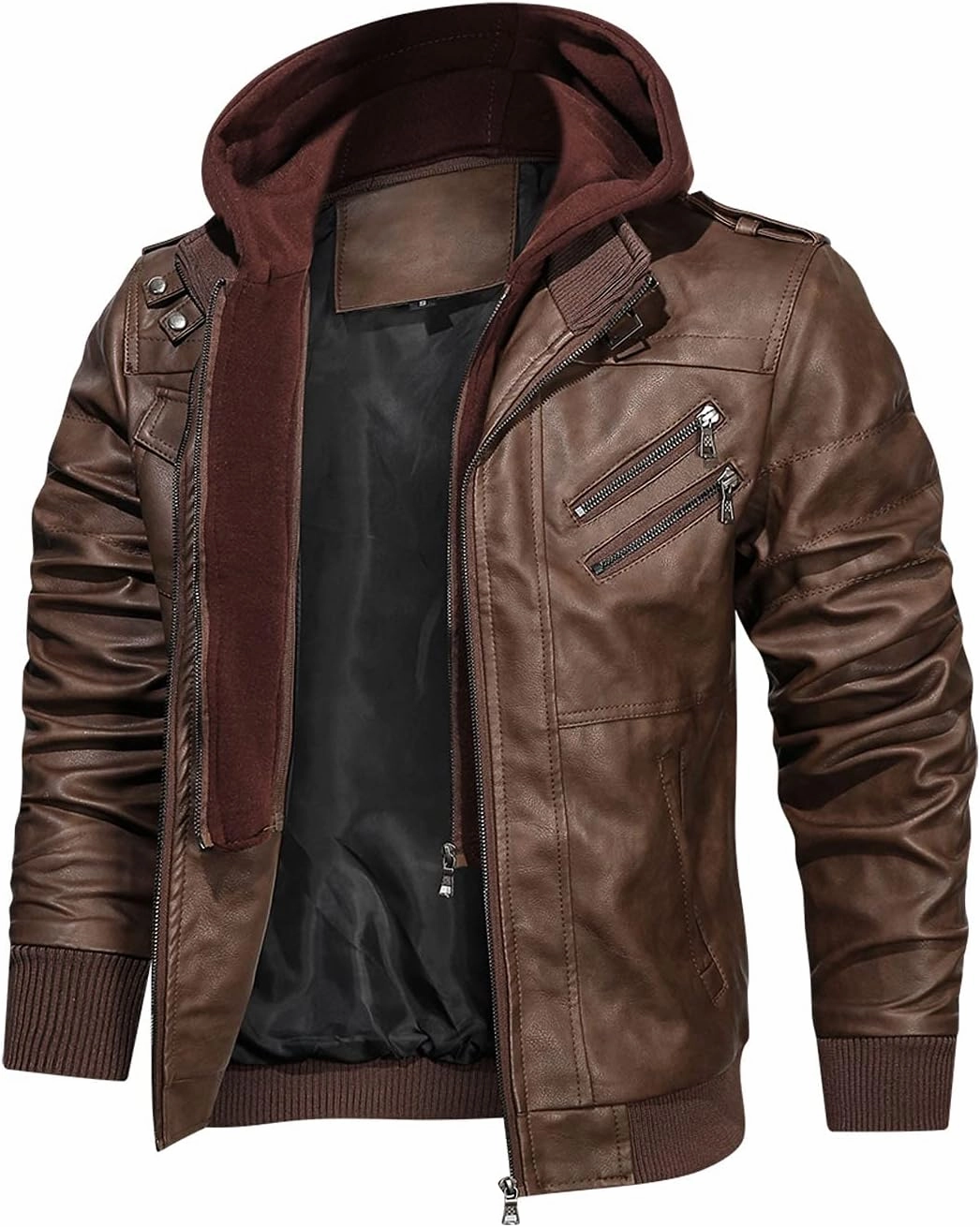 HOOD CREW Men’s Casual Stand Collar PU Faux Leather Zip-Up Motorcycle Bomber Jacket With a Removable Hood