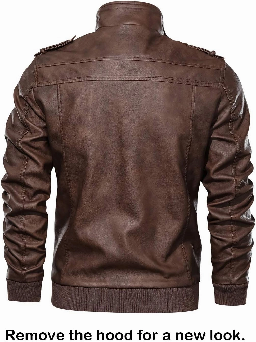 HOOD CREW Men’s Casual Stand Collar PU Faux Leather Zip-Up Motorcycle Bomber Jacket With a Removable Hood
