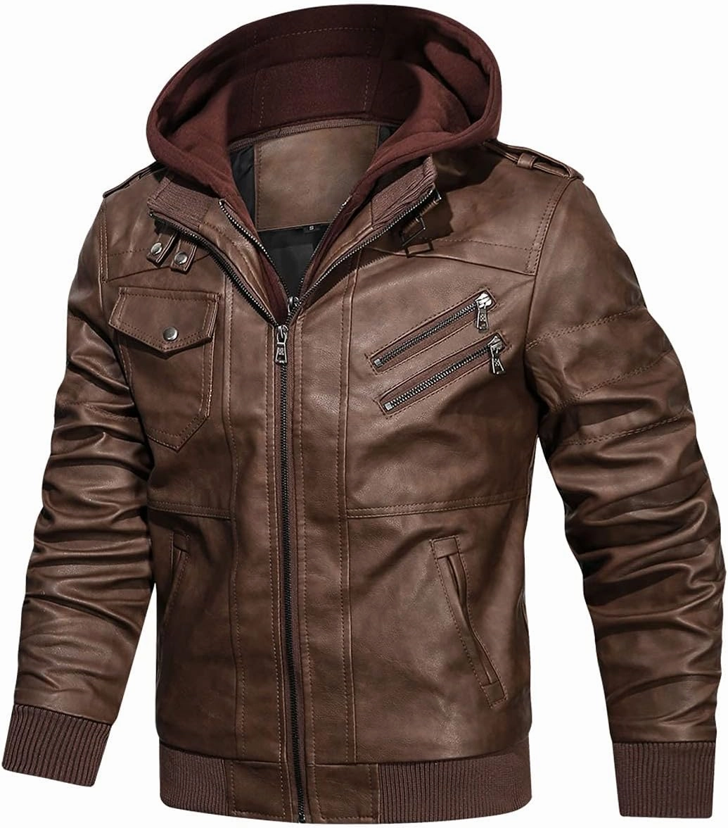 HOOD CREW Men’s Casual Stand Collar PU Faux Leather Zip-Up Motorcycle Bomber Jacket With a Removable Hood