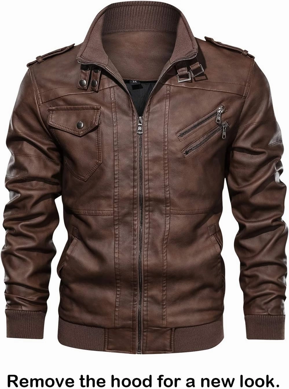 HOOD CREW Men’s Casual Stand Collar PU Faux Leather Zip-Up Motorcycle Bomber Jacket With a Removable Hood