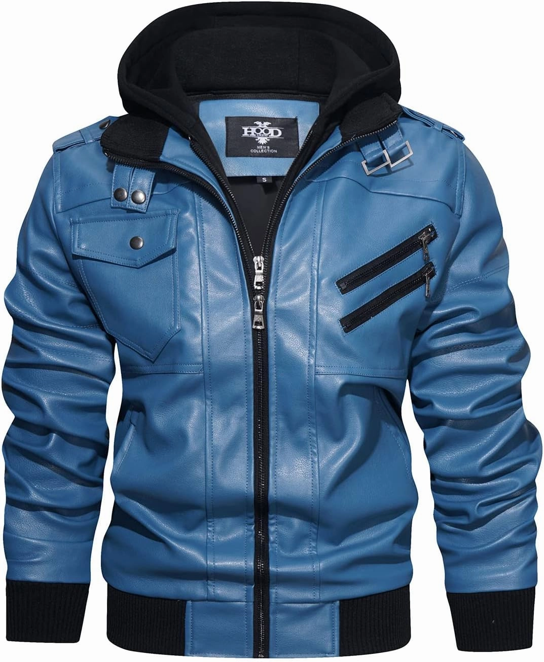 HOOD CREW Men’s Casual Stand Collar PU Faux Leather Zip-Up Motorcycle Bomber Jacket With a Removable Hood