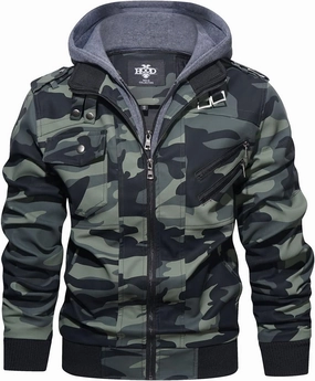 HOOD CREW Men’s Casual Stand Collar PU Faux Leather Zip-Up Motorcycle Bomber Jacket With a Removable Hood