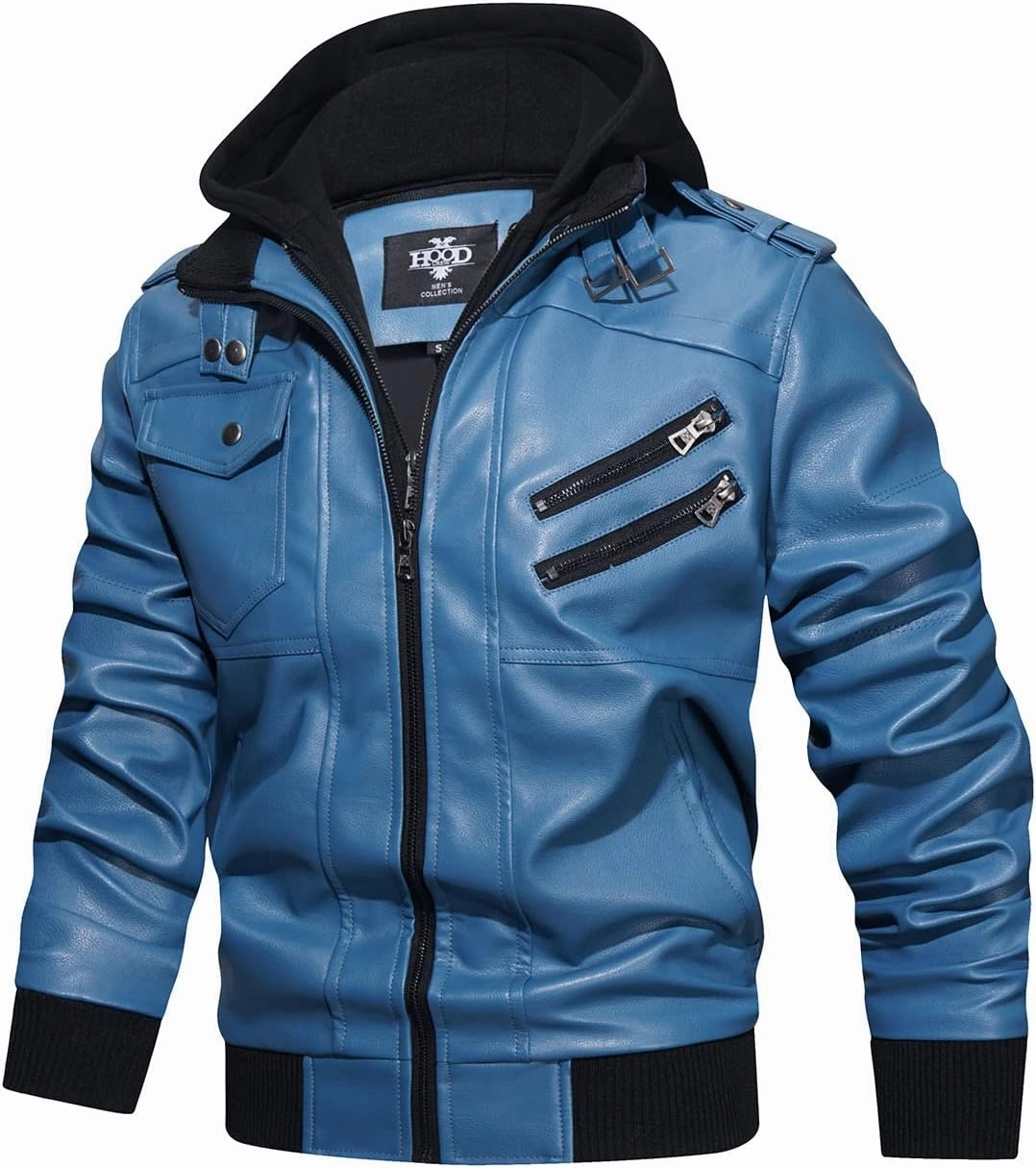 HOOD CREW Men’s Casual Stand Collar PU Faux Leather Zip-Up Motorcycle Bomber Jacket With a Removable Hood