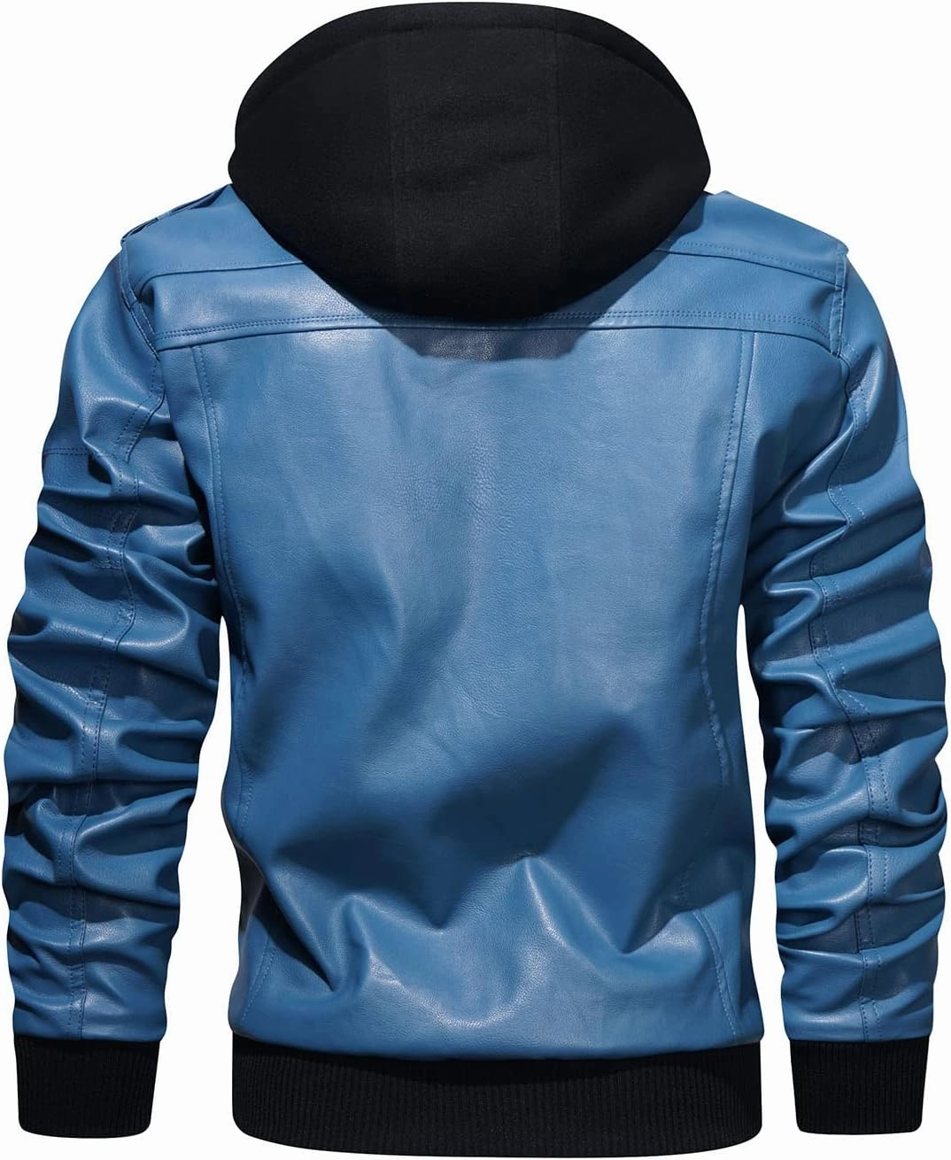 HOOD CREW Men’s Casual Stand Collar PU Faux Leather Zip-Up Motorcycle Bomber Jacket With a Removable Hood