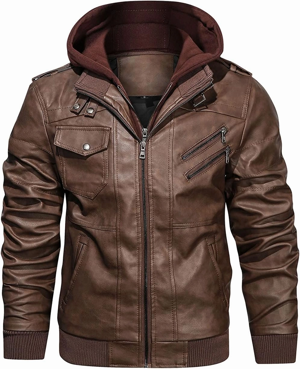 HOOD CREW Men’s Casual Stand Collar PU Faux Leather Zip-Up Motorcycle Bomber Jacket With a Removable Hood