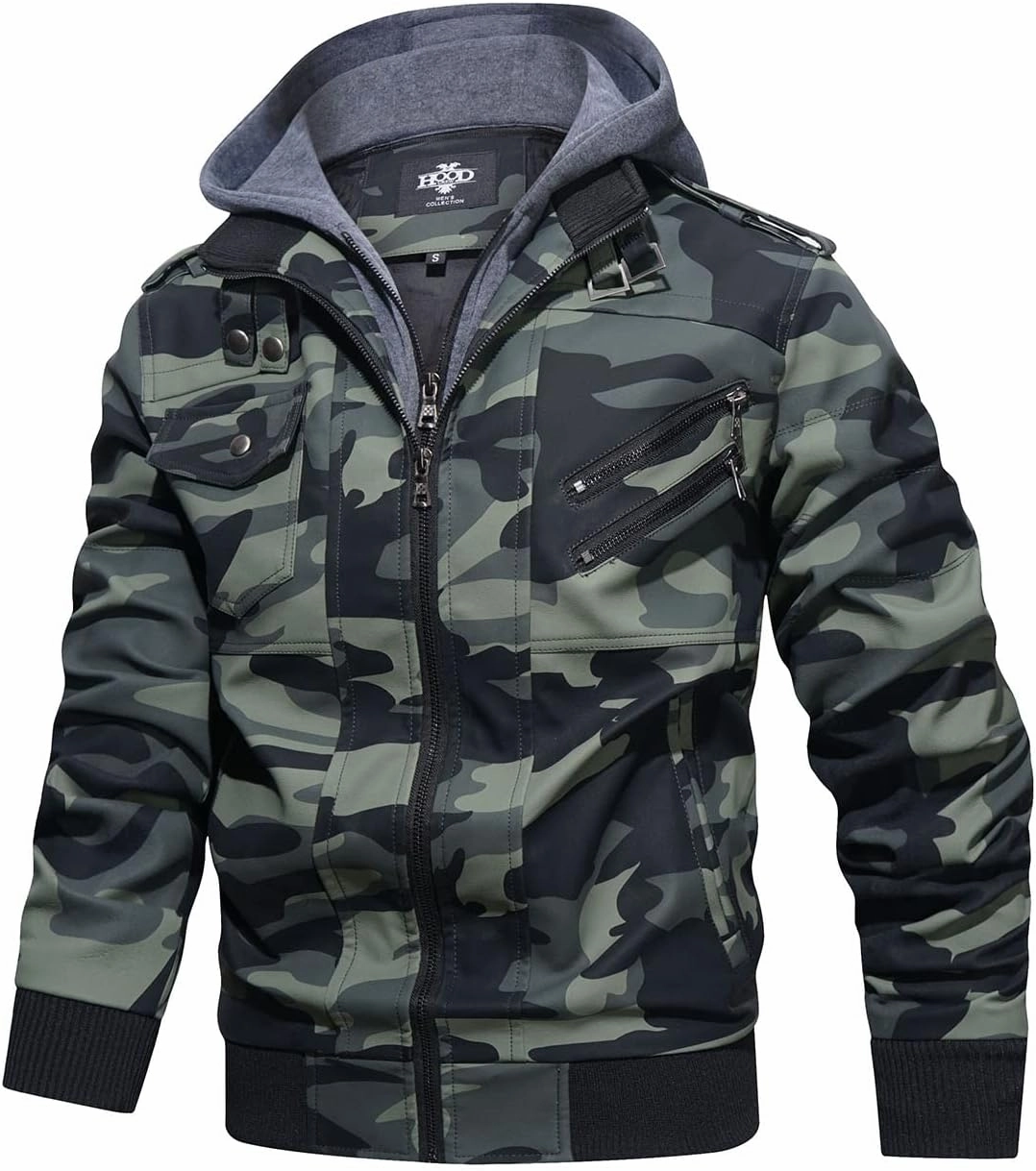 HOOD CREW Men’s Casual Stand Collar PU Faux Leather Zip-Up Motorcycle Bomber Jacket With a Removable Hood