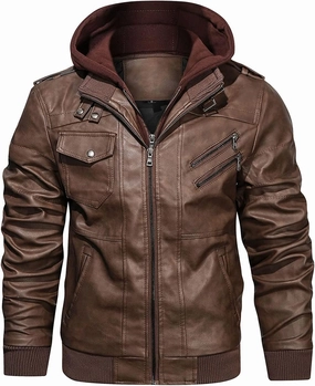 HOOD CREW Men’s Casual Stand Collar PU Faux Leather Zip-Up Motorcycle Bomber Jacket With a Removable Hood