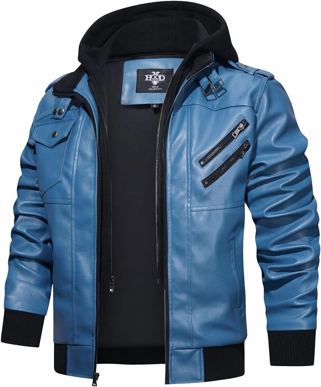 HOOD CREW Men’s Casual Stand Collar PU Faux Leather Zip-Up Motorcycle Bomber Jacket With a Removable Hood