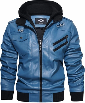 HOOD CREW Men’s Casual Stand Collar PU Faux Leather Zip-Up Motorcycle Bomber Jacket With a Removable Hood