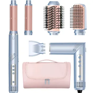 Hot Air Multi-Styler - 5 in 1 Professional Hair Wrap Styler Set with Air Curlers, Hair Dryer Brush, Straightener, Concentrator for Fast Drying Curling Straightening, Travel Case Included