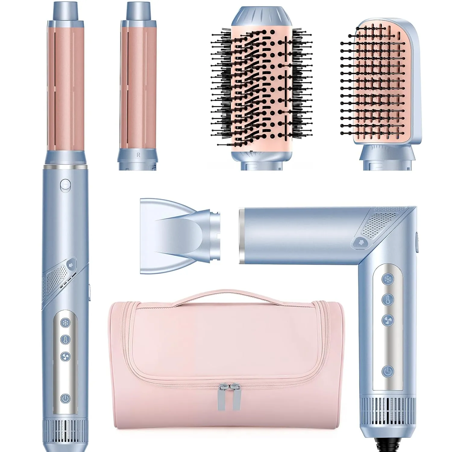 Hot Air Multi-Styler - 5 in 1 Professional Hair Wrap Styler Set with Air Curlers, Hair Dryer Brush, Straightener, Concentrator for Fast Drying Curling Straightening, Travel Case Included