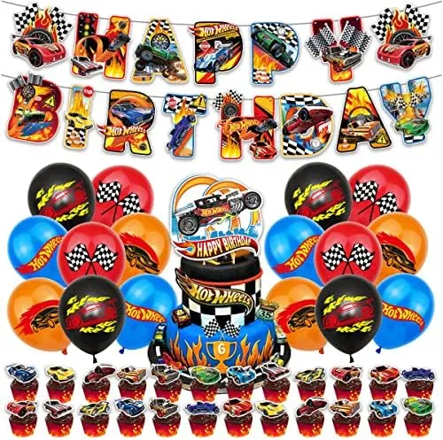hot wheels Birthday Party Supplies, hot wheels Party Decorations Included Birthday banner, Cake Topper, Cupcake Topper, Balloons