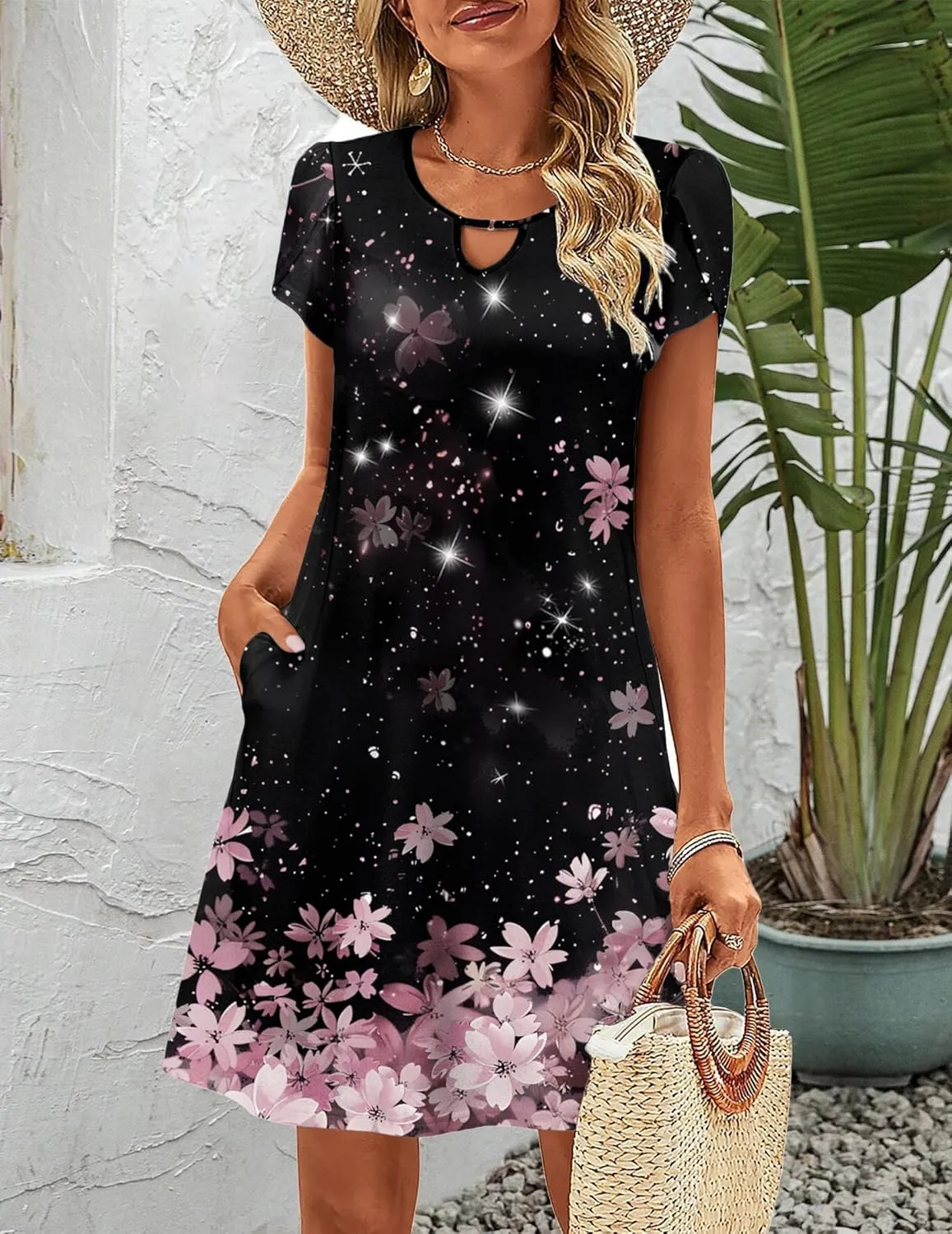 HOTOUCH Women's Casual A-Line Dress with Pockets Summer Beach Floral Tshirt Dress Short Sleeve Mini Dress Flowy Sundresses