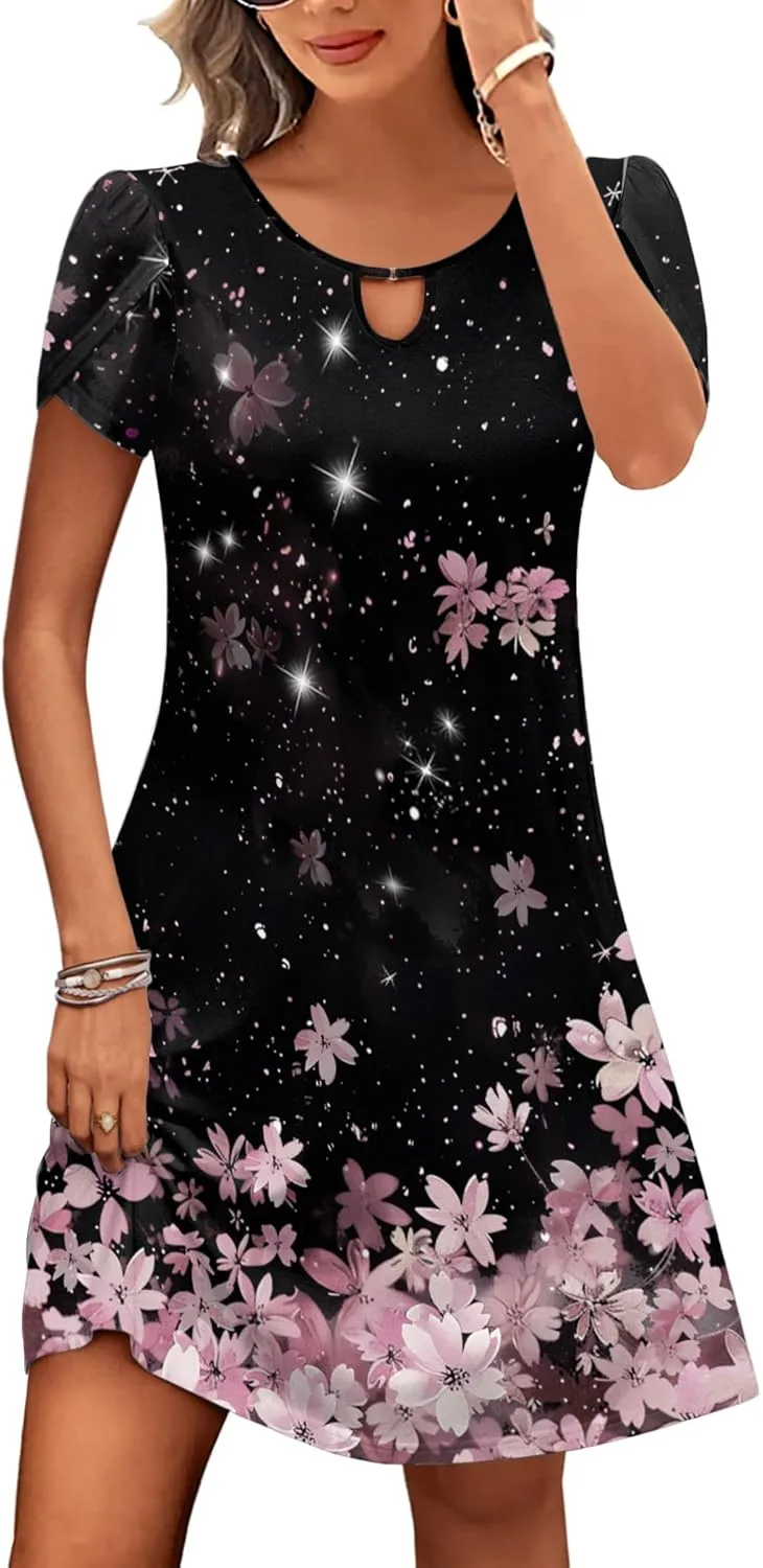 HOTOUCH Women's Casual A-Line Dress with Pockets Summer Beach Floral Tshirt Dress Short Sleeve Mini Dress Flowy Sundresses