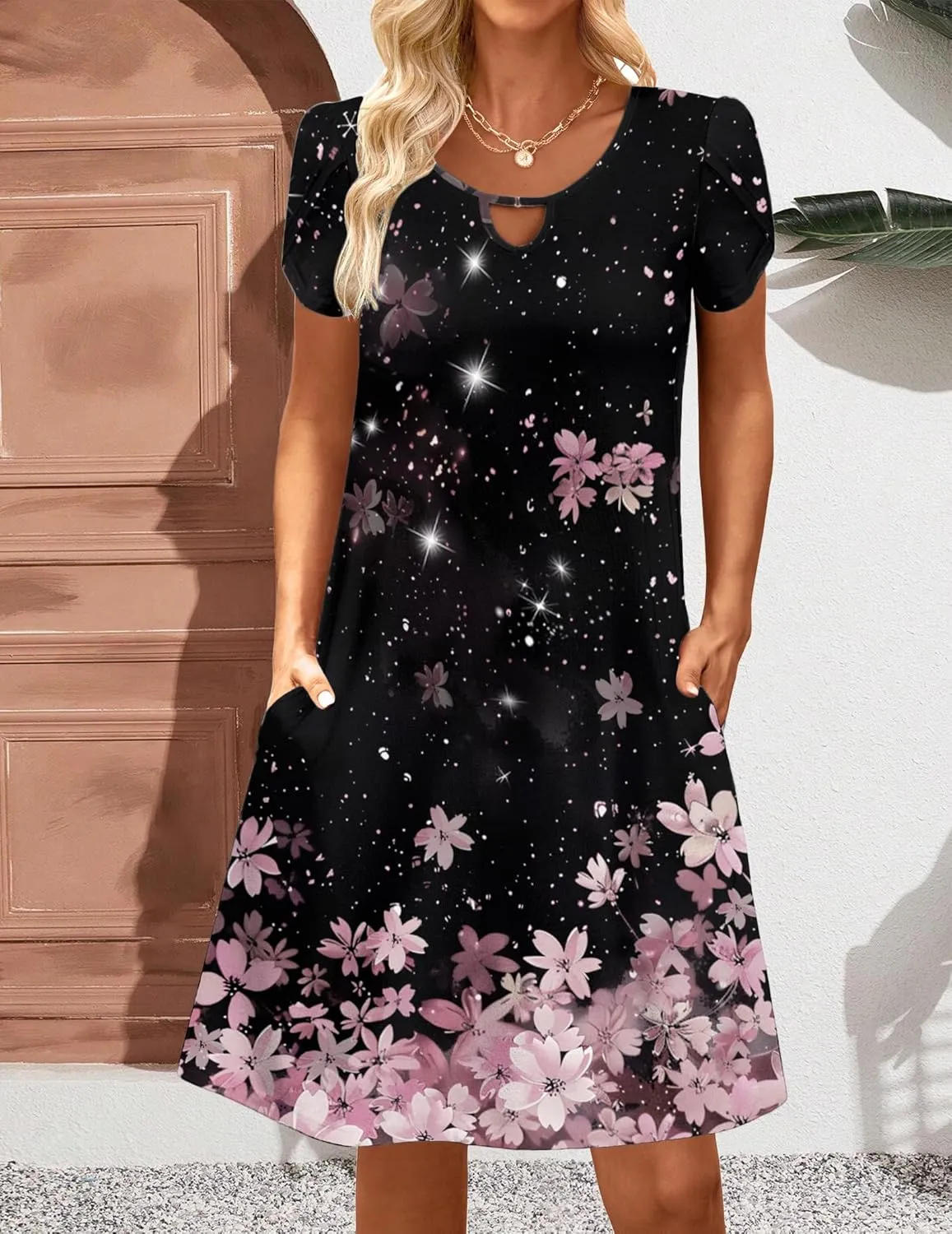 HOTOUCH Women's Casual A-Line Dress with Pockets Summer Beach Floral Tshirt Dress Short Sleeve Mini Dress Flowy Sundresses