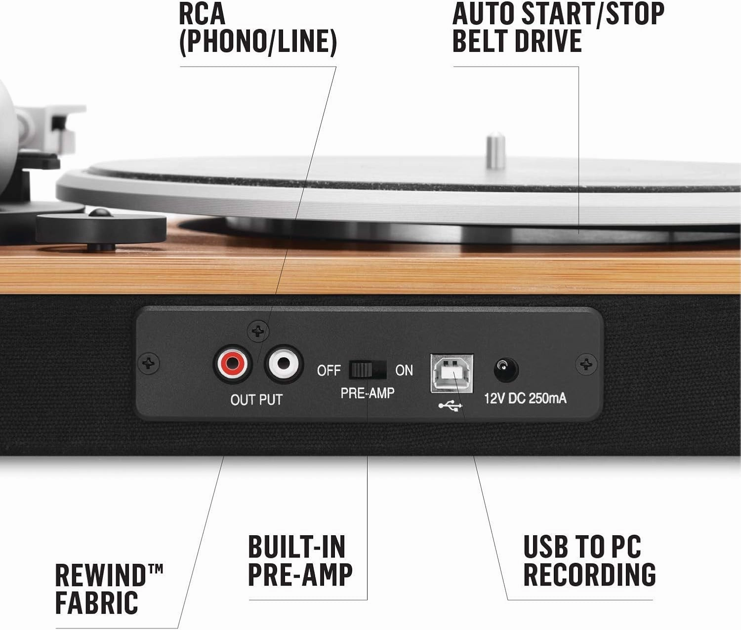 House of Marley Stir It Up Turntable, Vinyl Record Player with 2 Speed Belt Drive for 33/45 RPM, Built in Pre-Amp, Headphone Jack and Made from Sustainable Materials. for Wired Speakers Only
